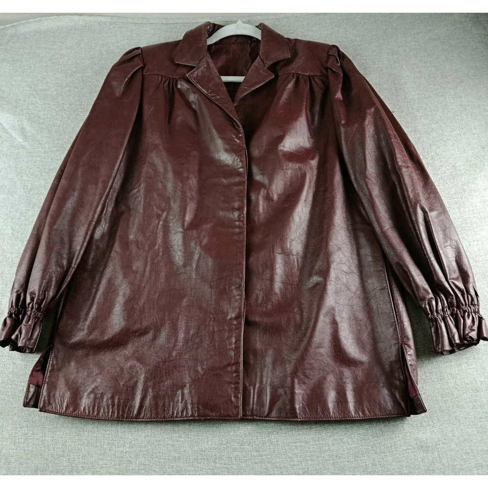 Vintage FENDI Jacket Womens Size 12 Burgundy Leather Puff Sleeve Shoulder